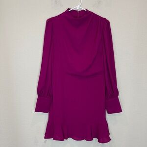 Express Mini Dress Women's L Magenta Long Sleeve Draped Mock Neck Ruffle